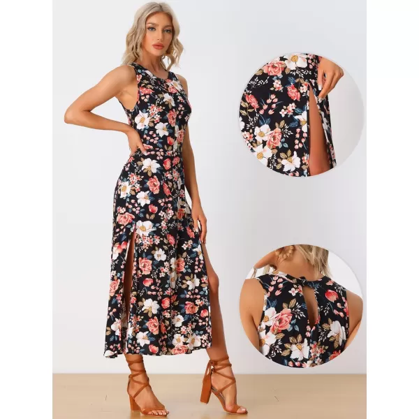 Allegra K Sleeveless Floral Dress for Women's Split Hem Keyhole Flowy Summer Boho Maxi Dress