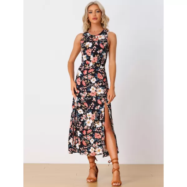 Allegra K Sleeveless Floral Dress for Women's Split Hem Keyhole Flowy Summer Boho Maxi Dress