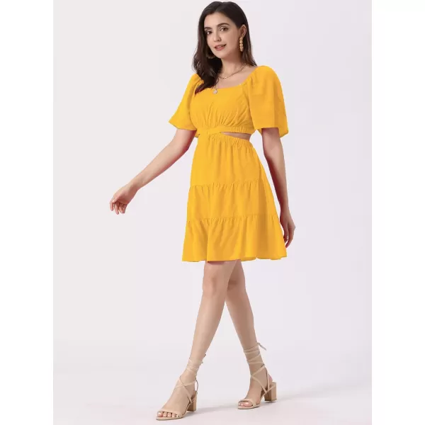 Allegra K Summer Tiered Short Dress for Women's Square Neck Puff Sleeve Cutout Waist Smocked Dresses