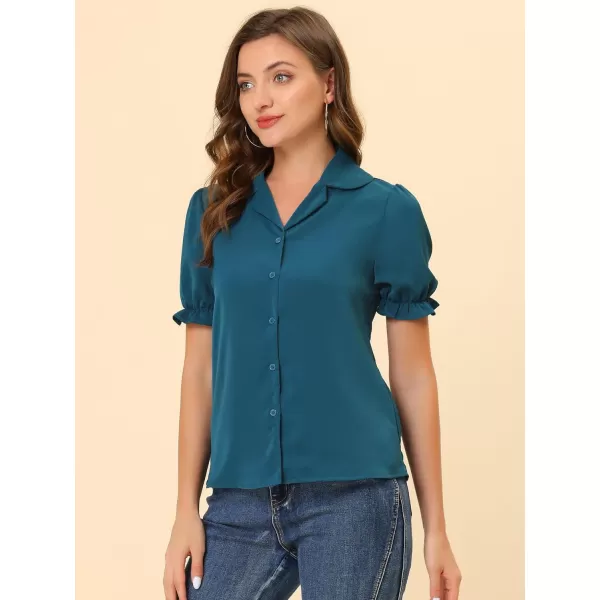 Allegra K Summer Work Lapel Collar Blouse for Women's Short Sleeves Button Down Shirt