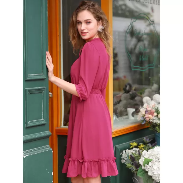 Allegra K Women's Autumn Wedding Guest Dresses Ruffle Hem 3/4 Sleeve A-Line Smocked Short Chiffon Dress