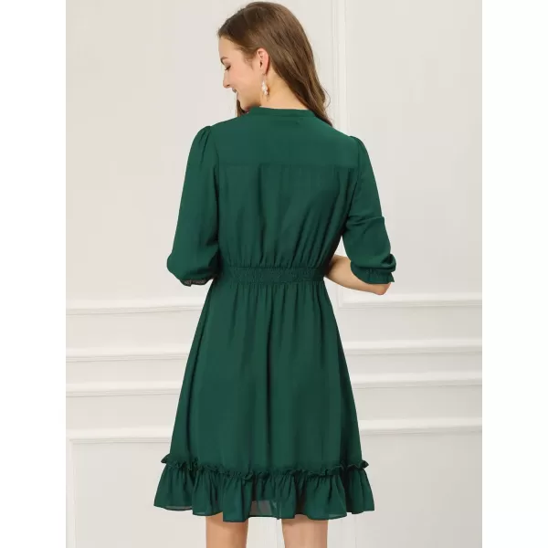 Allegra K Women's Autumn Wedding Guest Dresses Ruffle Hem 3/4 Sleeve A-Line Smocked Short Chiffon Dress