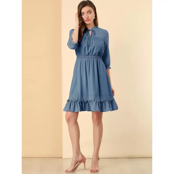 Allegra K Women's Autumn Wedding Guest Dresses Ruffle Hem 3/4 Sleeve A-Line Smocked Short Chiffon Dress