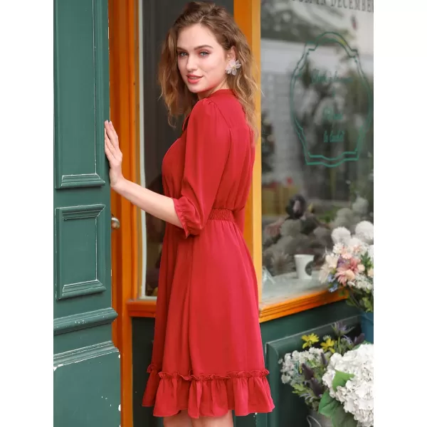 Allegra K Women's Autumn Wedding Guest Dresses Ruffle Hem 3/4 Sleeve A-Line Smocked Short Chiffon Dress