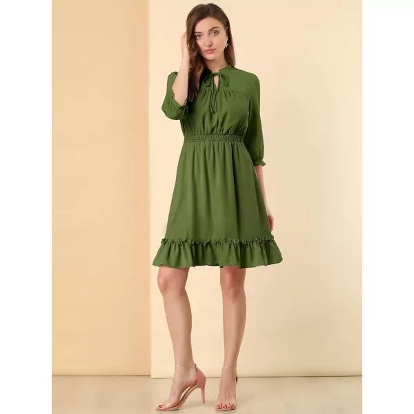 Allegra K Women's Autumn Wedding Guest Dresses Ruffle Hem 3/4 Sleeve A-Line Smocked Short Chiffon Dress