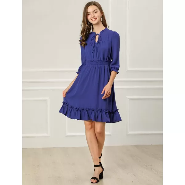 Allegra K Women's Autumn Wedding Guest Dresses Ruffle Hem 3/4 Sleeve A-Line Smocked Short Chiffon Dress
