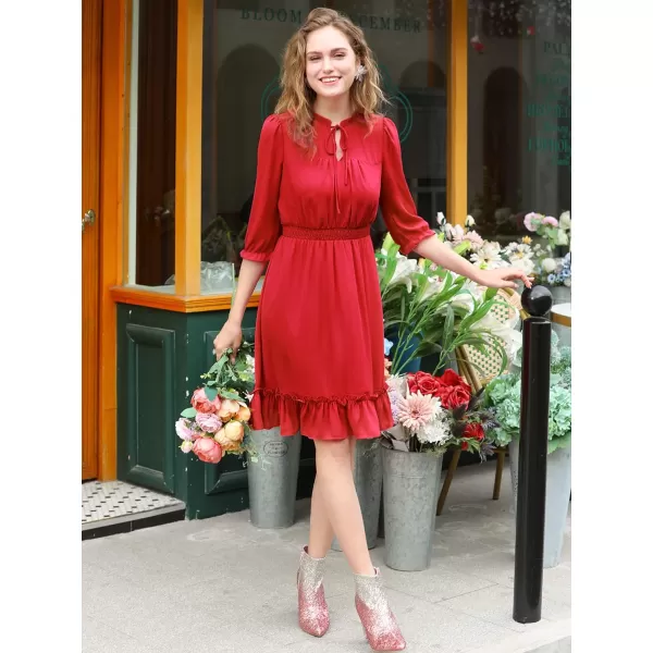 Allegra K Women's Autumn Wedding Guest Dresses Ruffle Hem 3/4 Sleeve A-Line Smocked Short Chiffon Dress