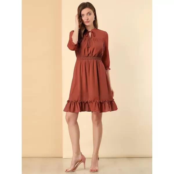 Allegra K Women's Autumn Wedding Guest Dresses Ruffle Hem 3/4 Sleeve A-Line Smocked Short Chiffon Dress