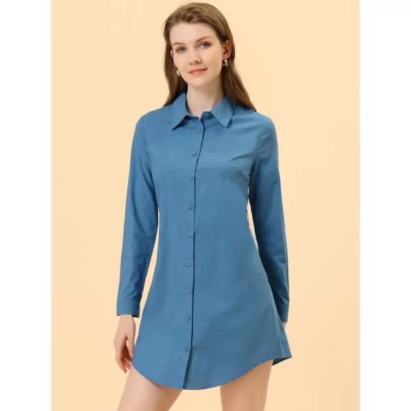 Allegra K Women's Belted Roll Up Sleeve Button Up Collared Shirt Dress