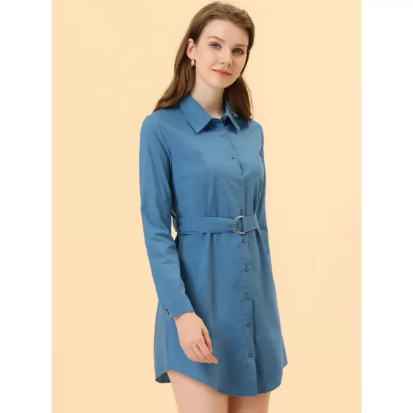 Allegra K Women's Belted Roll Up Sleeve Button Up Collared Shirt Dress