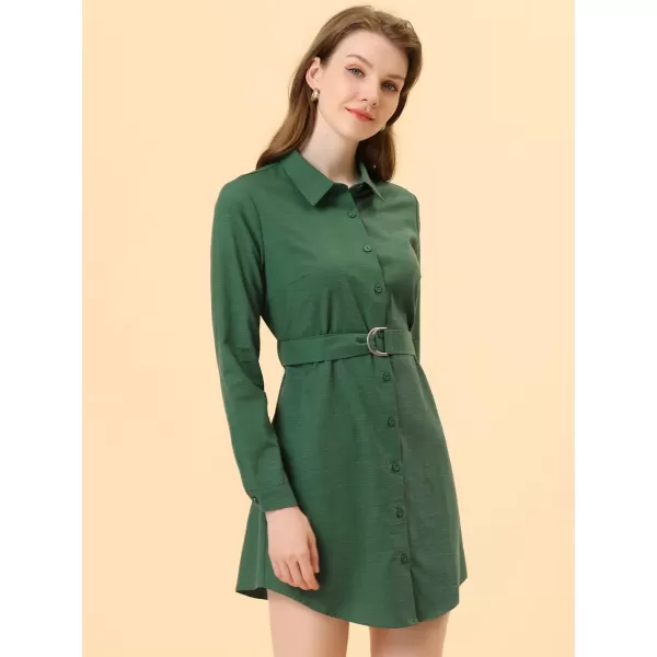 Allegra K Women's Belted Roll Up Sleeve Button Up Collared Shirt Dress