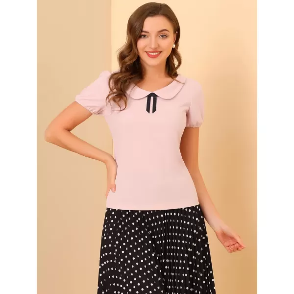 Allegra K Women's Bow Neck Solid Short Sleeve Peter Pan Collar Blouse