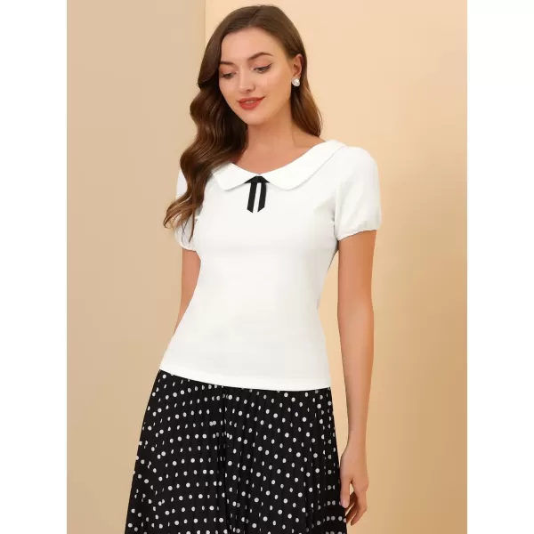 Allegra K Women's Bow Neck Solid Short Sleeve Peter Pan Collar Blouse