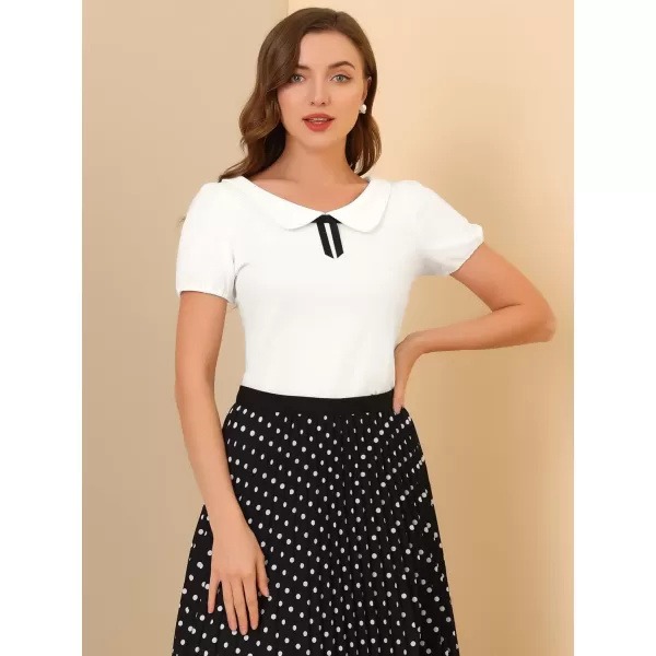 Allegra K Women's Bow Neck Solid Short Sleeve Peter Pan Collar Blouse