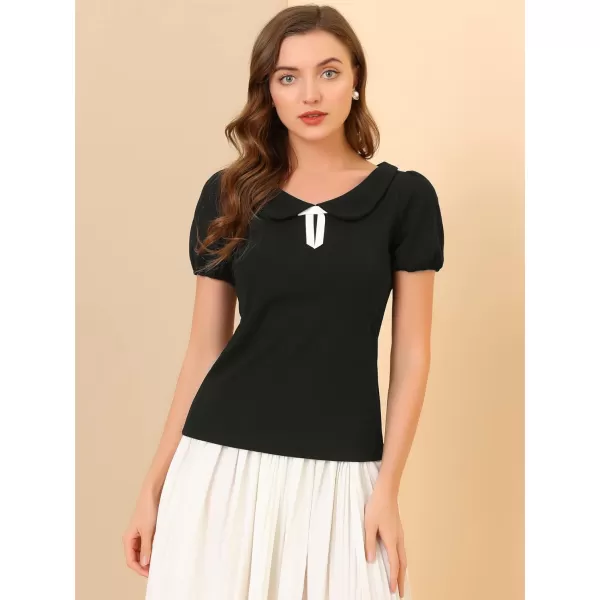 Allegra K Women's Bow Neck Solid Short Sleeve Peter Pan Collar Blouse