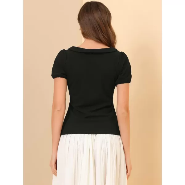 Allegra K Women's Bow Neck Solid Short Sleeve Peter Pan Collar Blouse