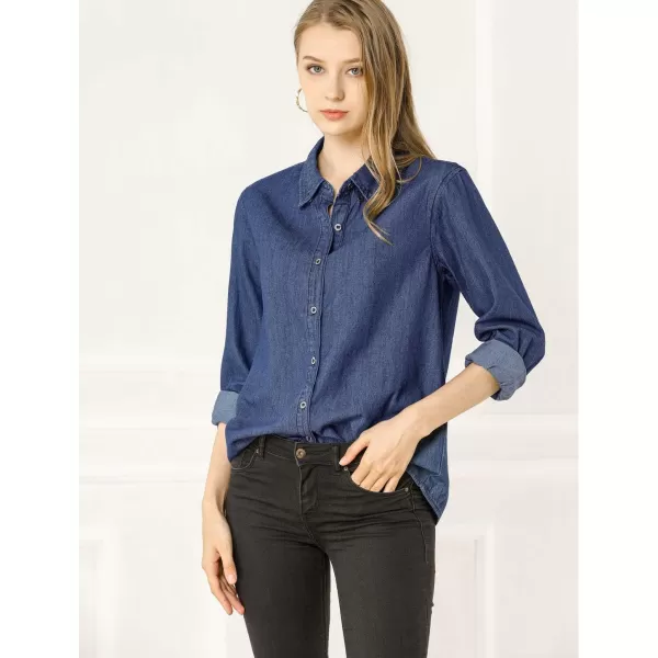 Allegra K Women's Button Up Denim Shirts Long Sleeve Casual Collared Jean Blouse