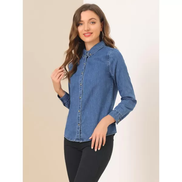 Allegra K Women's Button Up Denim Shirts Long Sleeve Casual Collared Jean Blouse