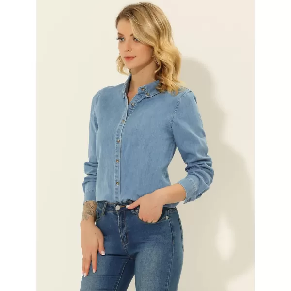 Allegra K Women's Button Up Denim Shirts Long Sleeve Casual Collared Jean Blouse