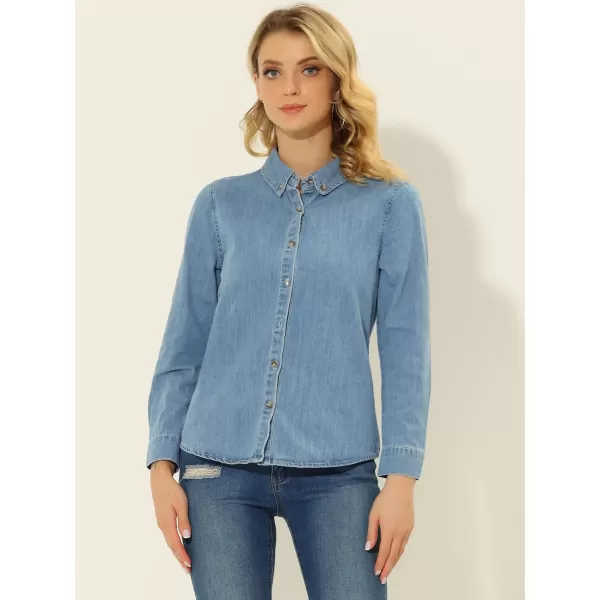 Allegra K Women's Button Up Denim Shirts Long Sleeve Casual Collared Jean Blouse