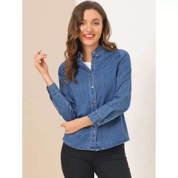 Allegra K Women's Button Up Denim Shirts Long Sleeve Casual Collared Jean Blouse