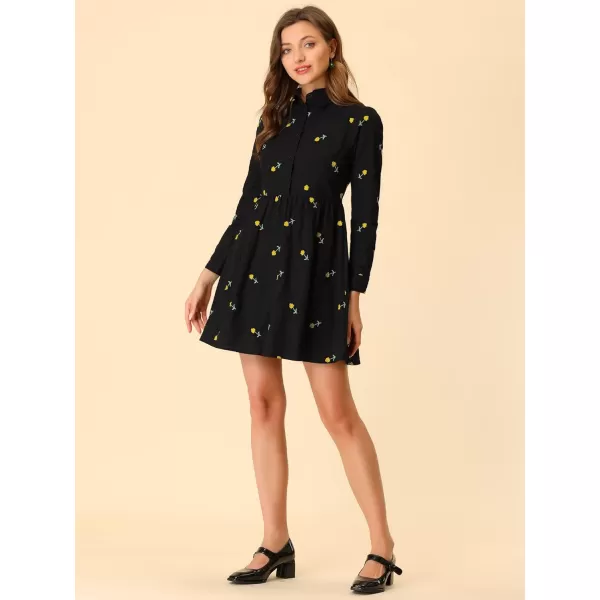 Allegra K Women's Casual Shirt Dress Long Sleeve Half Placket Embroidered Floral Mini Dresses