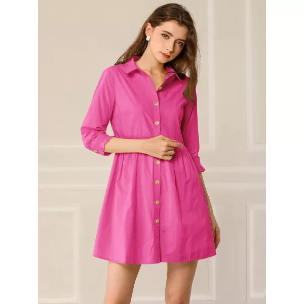 Allegra K Women's Casual Shirt Dress Ruched 3/4 Sleeve Button Up Mini Dresses