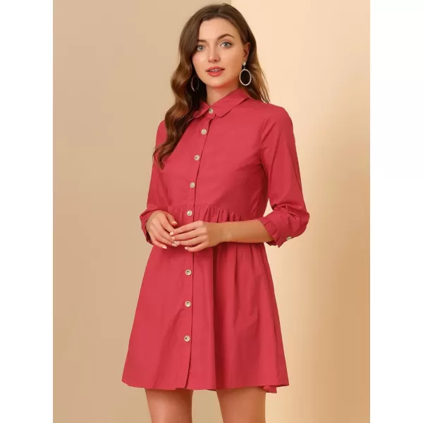 Allegra K Women's Casual Shirt Dress Ruched 3/4 Sleeve Button Up Mini Dresses