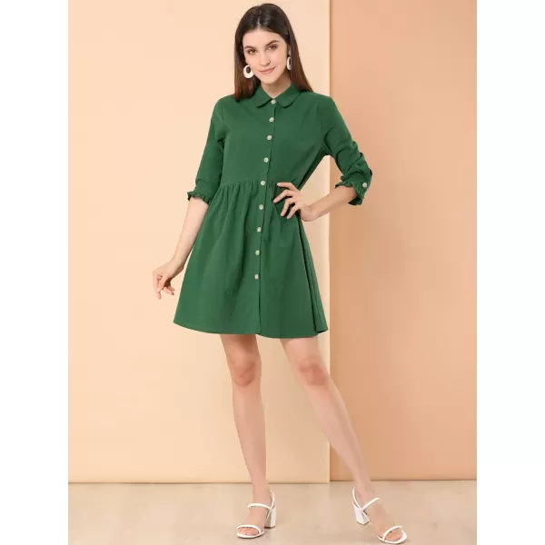 Allegra K Women's Casual Shirt Dress Ruched 3/4 Sleeve Button Up Mini Dresses