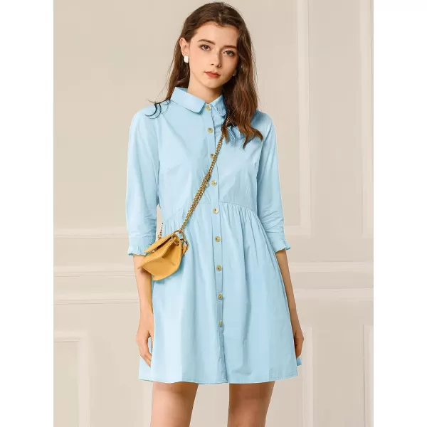 Allegra K Women's Casual Shirt Dress Ruched 3/4 Sleeve Button Up Mini Dresses