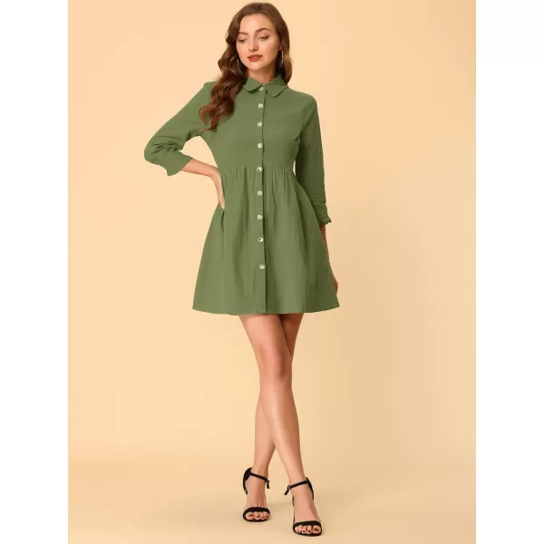 Allegra K Women's Casual Shirt Dress Ruched 3/4 Sleeve Button Up Mini Dresses