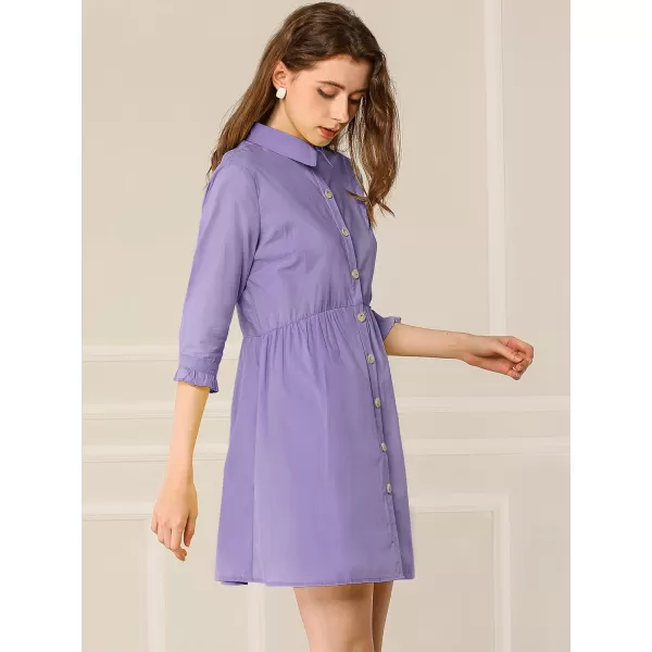 Allegra K Women's Casual Shirt Dress Ruched 3/4 Sleeve Button Up Mini Dresses