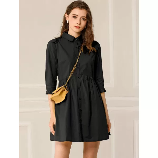 Allegra K Women's Casual Shirt Dress Ruched 3/4 Sleeve Button Up Mini Dresses