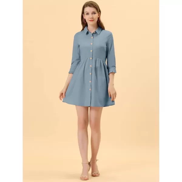 Allegra K Women's Casual Shirt Dress Ruched 3/4 Sleeve Button Up Mini Dresses