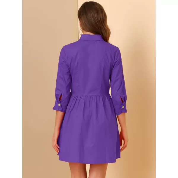 Allegra K Women's Casual Shirt Dress Ruched 3/4 Sleeve Button Up Mini Dresses