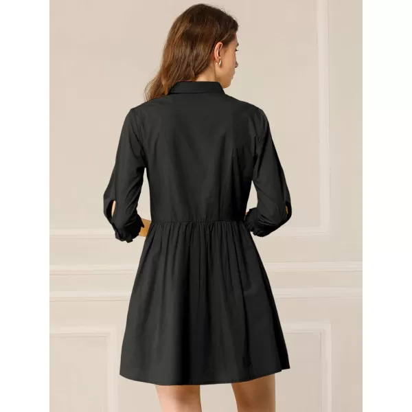 Allegra K Women's Casual Shirt Dress Ruched 3/4 Sleeve Button Up Mini Dresses