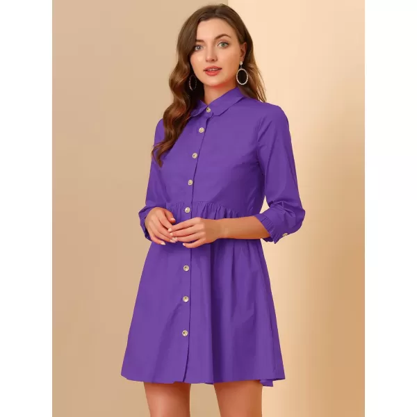 Allegra K Women's Casual Shirt Dress Ruched 3/4 Sleeve Button Up Mini Dresses