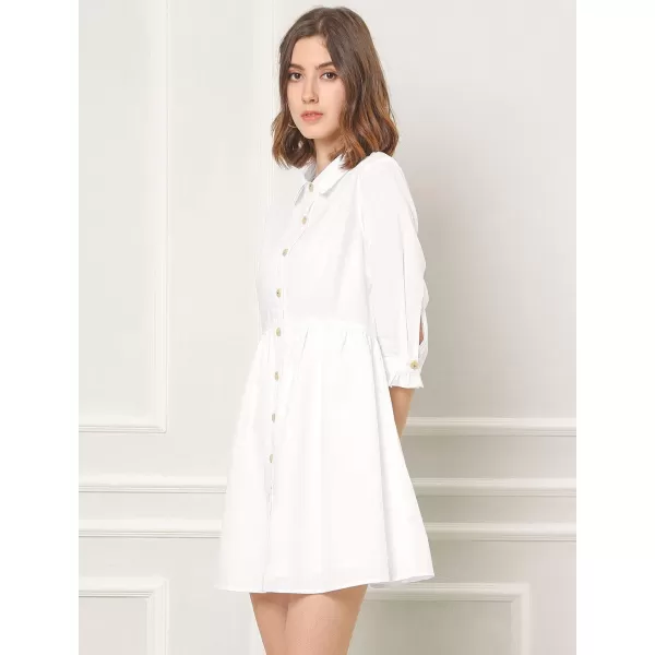 Allegra K Women's Casual Shirt Dress Ruched 3/4 Sleeve Button Up Mini Dresses