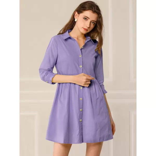 Allegra K Women's Casual Shirt Dress Ruched 3/4 Sleeve Button Up Mini Dresses