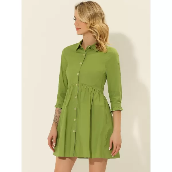 Allegra K Women's Casual Shirt Dress Ruched 3/4 Sleeve Button Up Mini Dresses