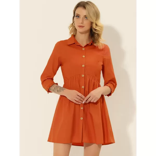 Allegra K Women's Casual Shirt Dress Ruched 3/4 Sleeve Button Up Mini Dresses