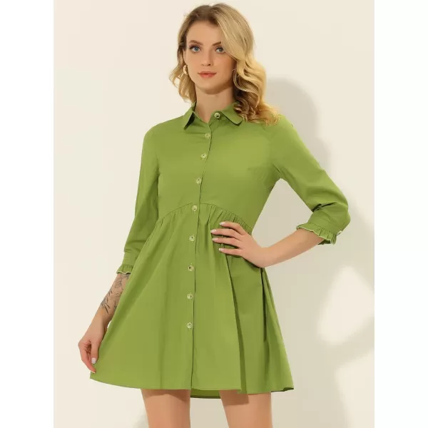 Allegra K Women's Casual Shirt Dress Ruched 3/4 Sleeve Button Up Mini Dresses