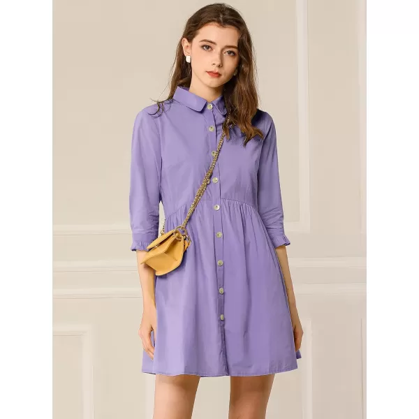 Allegra K Women's Casual Shirt Dress Ruched 3/4 Sleeve Button Up Mini Dresses