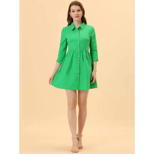 Allegra K Women's Casual Shirt Dress Ruched 3/4 Sleeve Button Up Mini Dresses