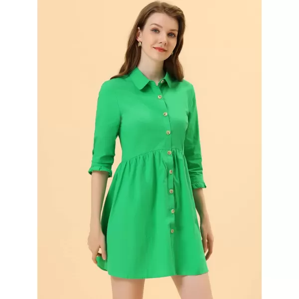 Allegra K Women's Casual Shirt Dress Ruched 3/4 Sleeve Button Up Mini Dresses