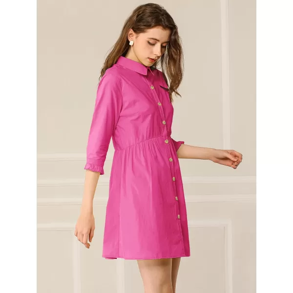 Allegra K Women's Casual Shirt Dress Ruched 3/4 Sleeve Button Up Mini Dresses