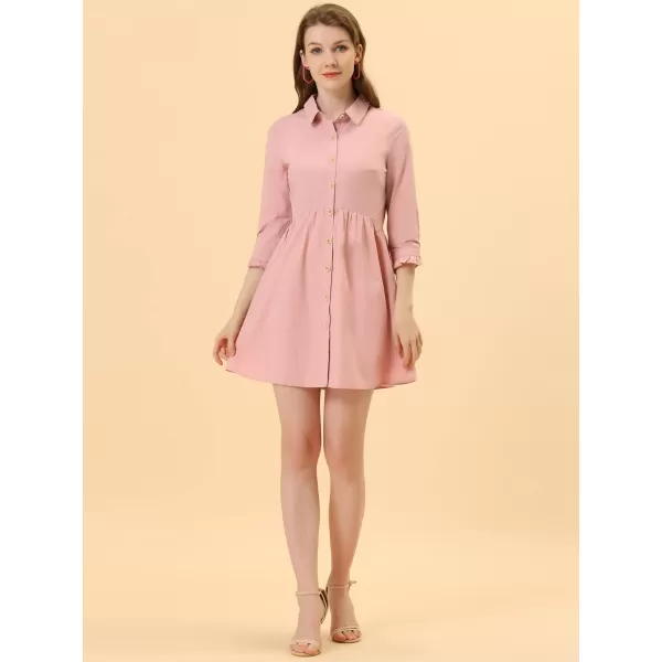 Allegra K Women's Casual Shirt Dress Ruched 3/4 Sleeve Button Up Mini Dresses