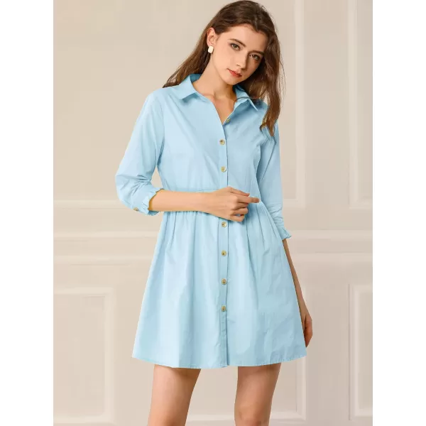 Allegra K Women's Casual Shirt Dress Ruched 3/4 Sleeve Button Up Mini Dresses