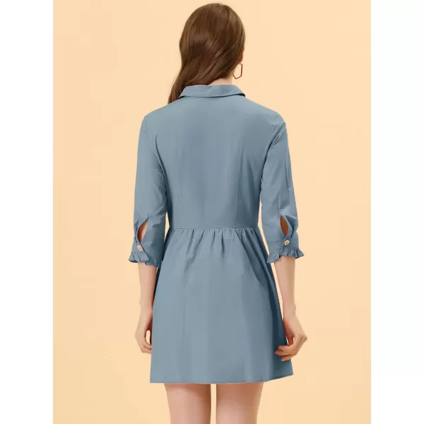 Allegra K Women's Casual Shirt Dress Ruched 3/4 Sleeve Button Up Mini Dresses