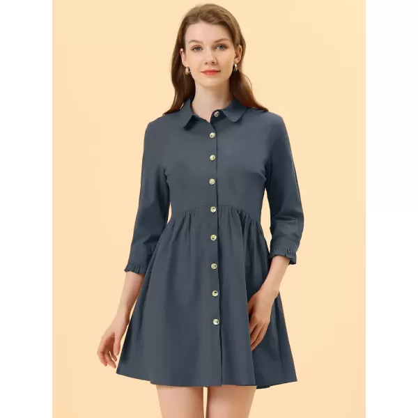 Allegra K Women's Casual Shirt Dress Ruched 3/4 Sleeve Button Up Mini Dresses